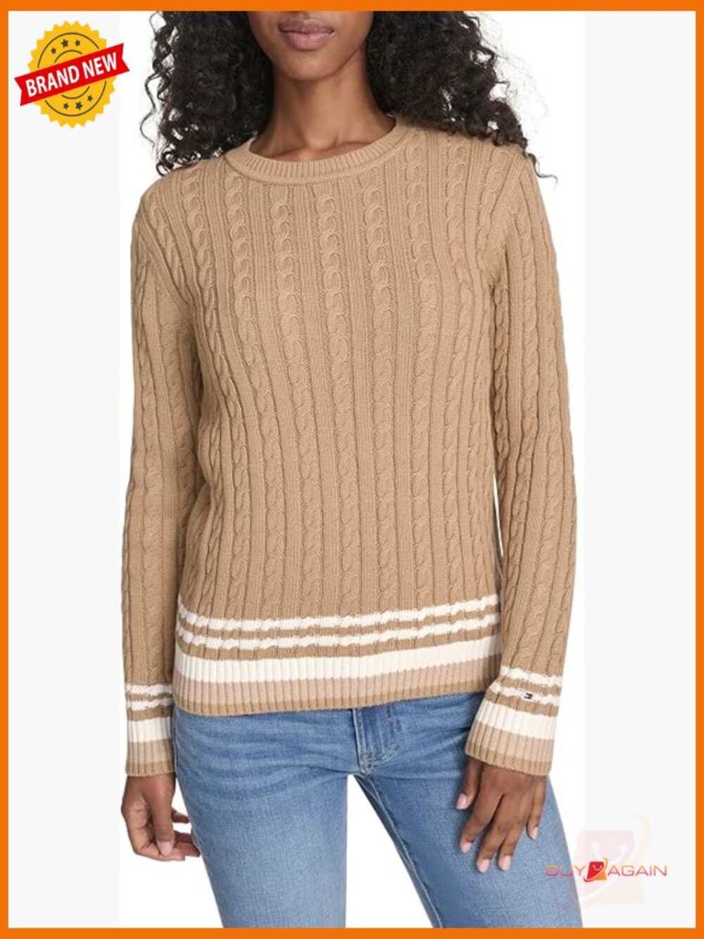 Crewneck Cable Sweater Long Sleeve Cotton Pullover Classic Staple